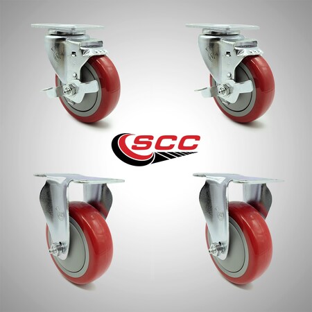 Service Caster 4 Inch SS Red Polyurethane Top Plate Caster Set with 2 Brake 2 Rigid SCC SCC-SS20S414-PPUB-RED-TLB-2-R414-2